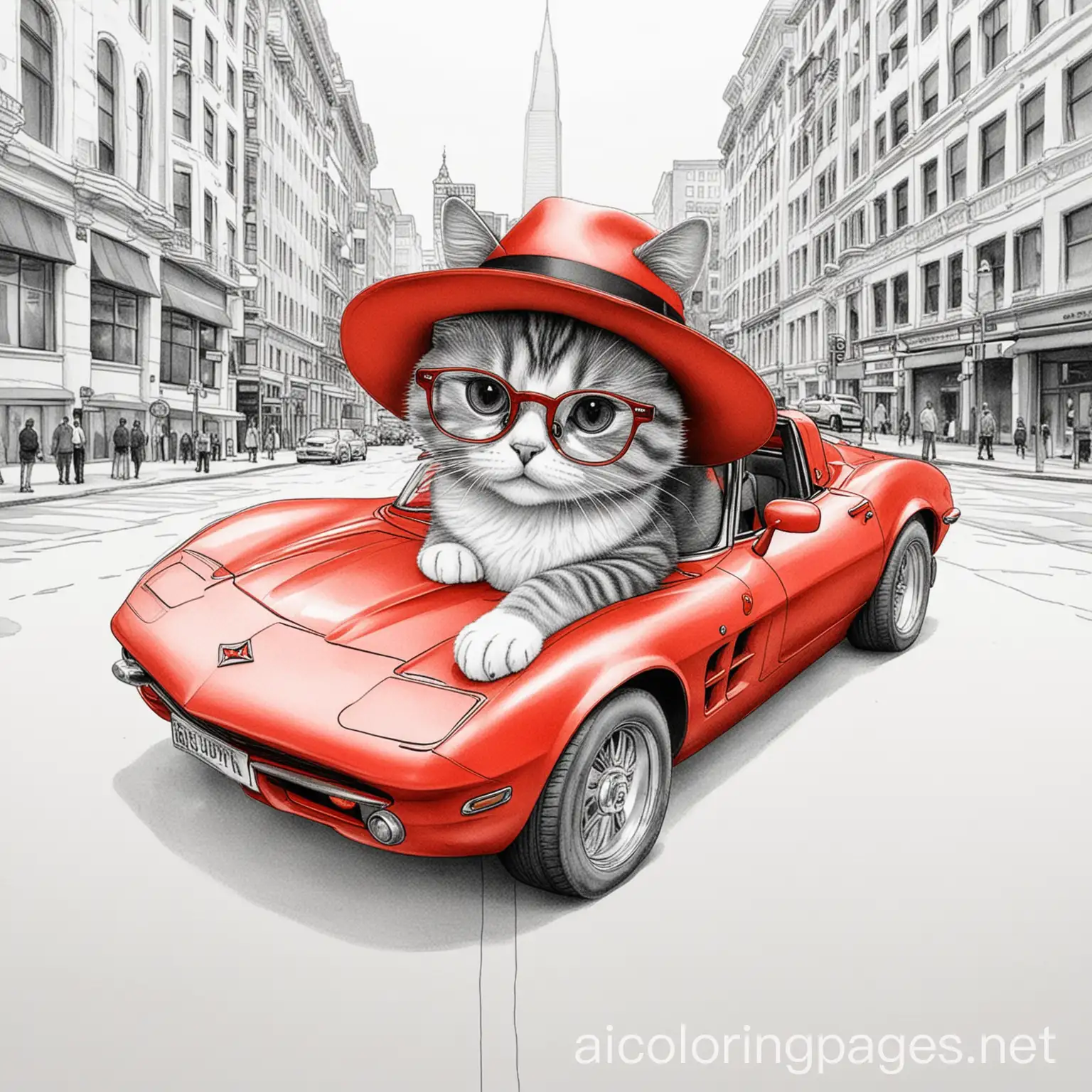 Cat-with-Glasses-and-Hat-Driving-Red-Corvette-in-Downtown-DC-Coloring-Page