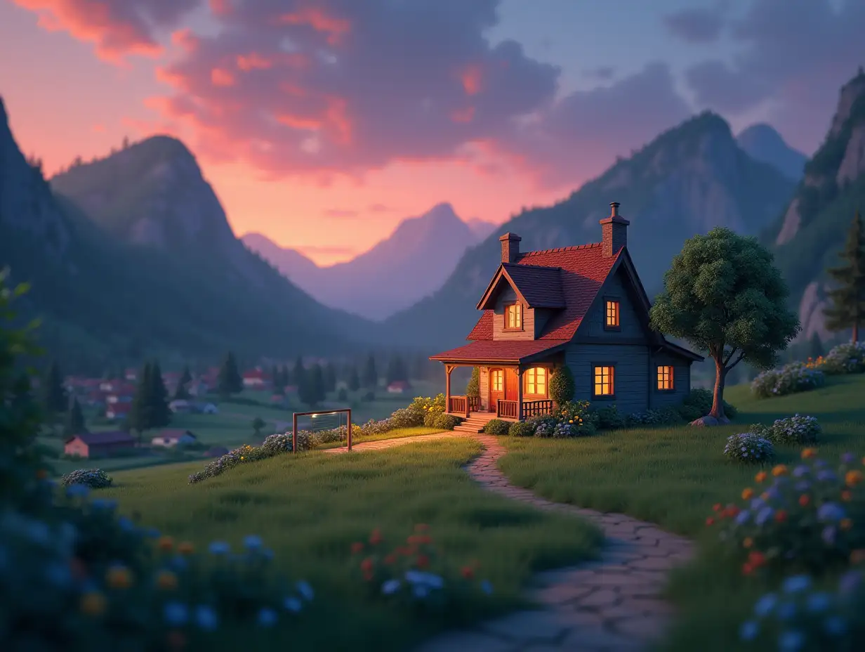 Quaint-Village-at-Dusk-with-Cozy-Porch-in-PixarStyle-Animation