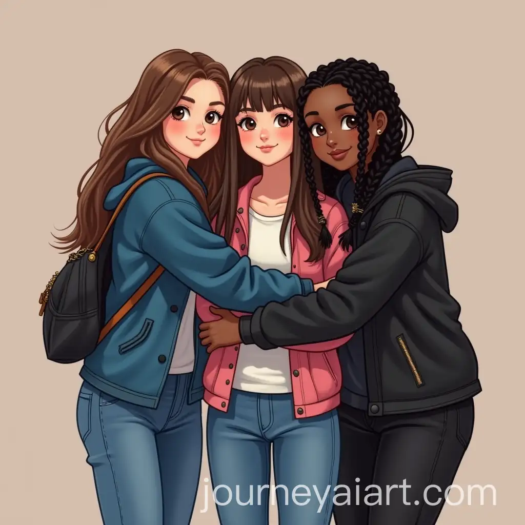 Serbian-Girl-and-Friends-Hugging-in-Stylish-Jackets-and-Jeans