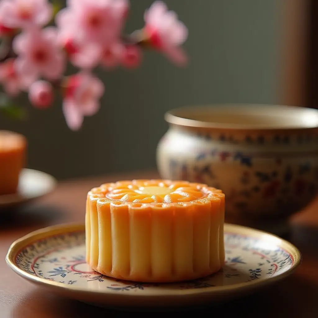 Mooncake, close-up, tea set, pavilion garden, plum blossom, Chinese aesthetics, simple and exquisite presentation, perfect pixel, masterpiece