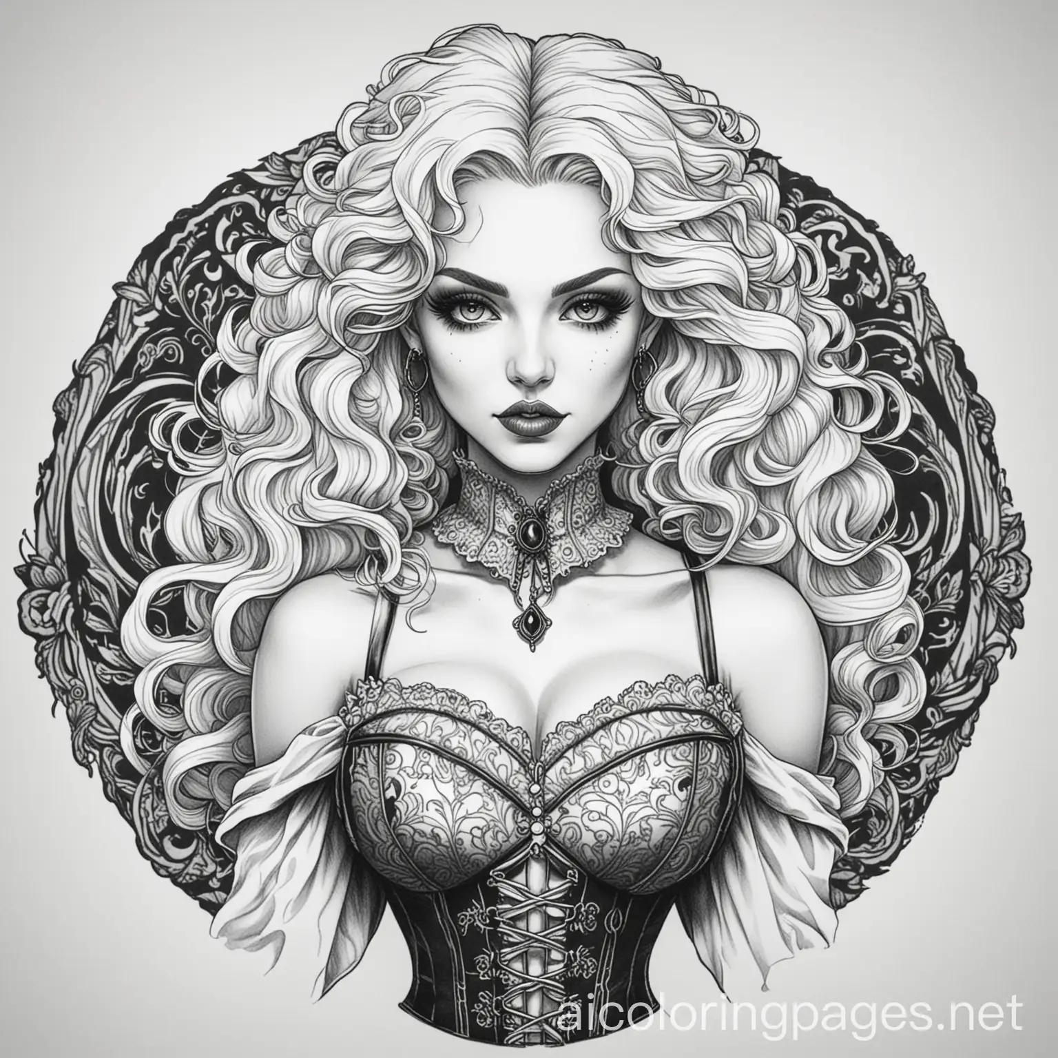 Vampire-Woman-Coloring-Page-with-Short-Curly-White-Hair-and-Corset