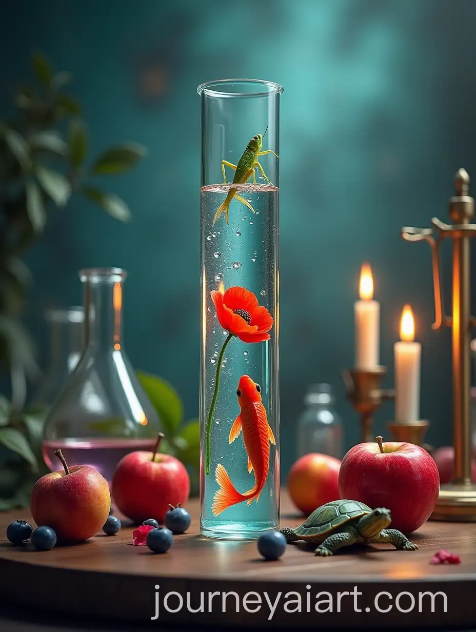 Scientific-Experiment-with-Green-Grasshopper-Red-Poppy-and-Fish-in-Test-Tube