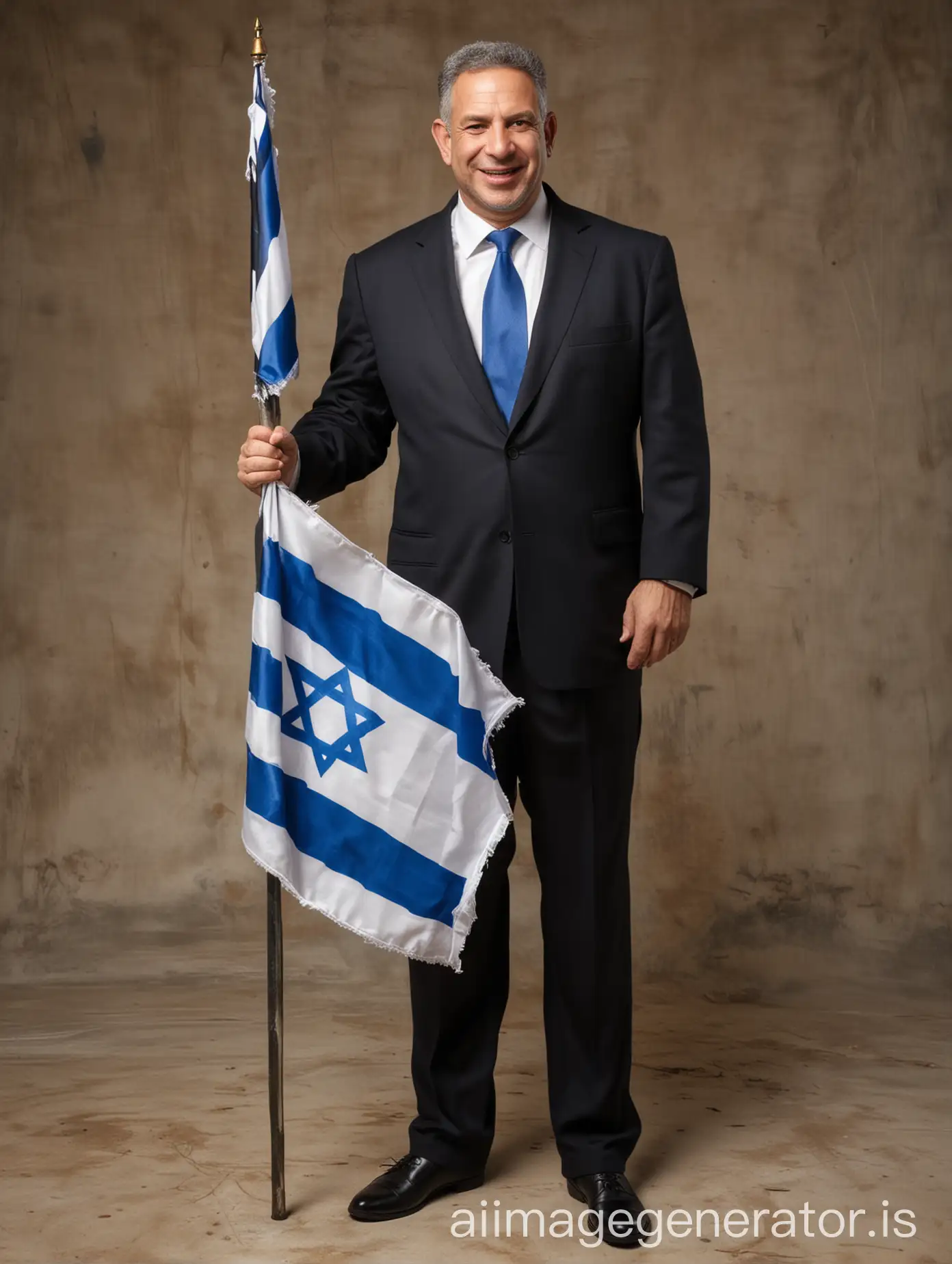 Benjamin-Netanyahu-in-Suit-Holding-Israel-Flag-with-Devilish-Smile