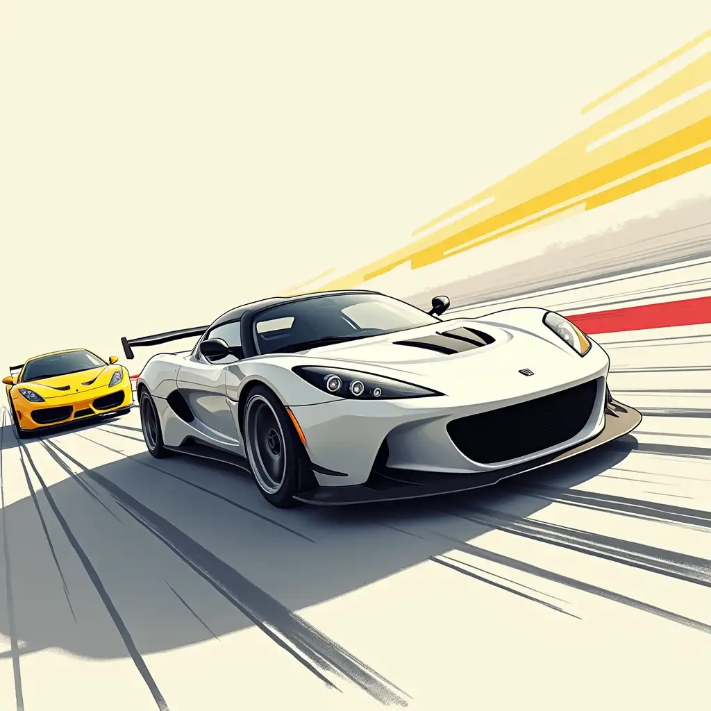 A vibrant digital illustration showcasing two high-performance sports cars executing an exhilarating drift maneuver on a sleek racetrack. The foreground features a sleek, stylized white and gray sports car, its aerodynamic body lines exaggerated and simplified to emphasize its speed; it is positioned low and angled dramatically to the right, capturing the essence of dynamic motion. In the background, a striking bright yellow sports car is partially visible, angled toward the center and elevated, adding depth and perspective to the composition. The racetrack is illustrated with bold, sweeping lines, showcasing intricate tire marks that trace the path of both vehicles, enhancing the sense of action and adrenaline. The color palette is striking yet harmoniously limited, incorporating vivid yellows, whites, grays, and deep blacks against a subtly textured neutral backdrop that emphasizes the cars' vibrancy. The overall aesthetic merges cartoonish charm with realistic car designs, creating a high-energy vibe. The drawing style is expressive and energetic, characterized by bold strokes that convey a sense of speed and excitement. Dynamic composition, high contrast, matte finish, bold outlines, flat color fills, digital painting, cinematic framing, motion blur effects, vivid color saturation, and a slight grain texture for added depth.