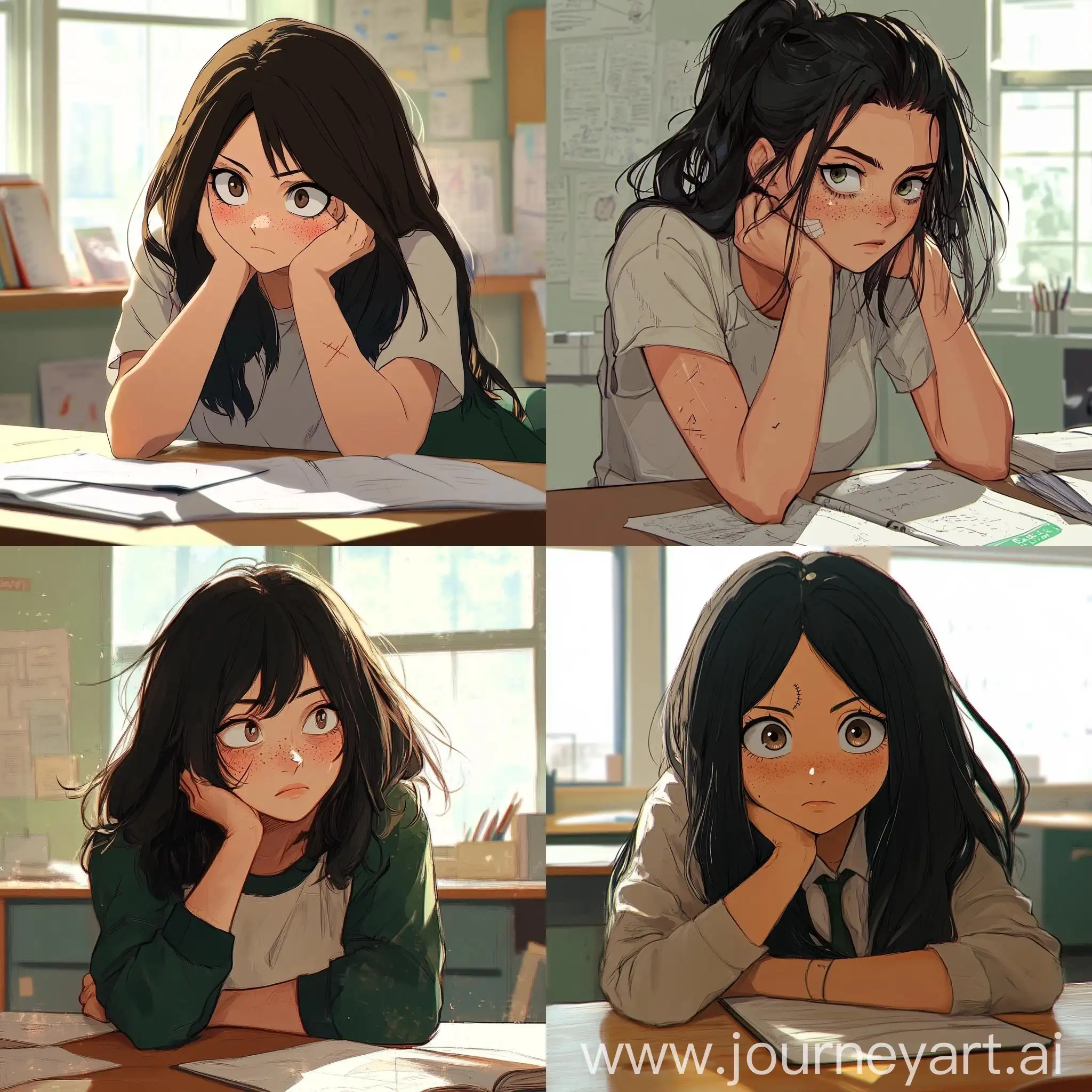 Female-Character-with-Dark-Brown-Hair-and-Scar-Sitting-at-Desk