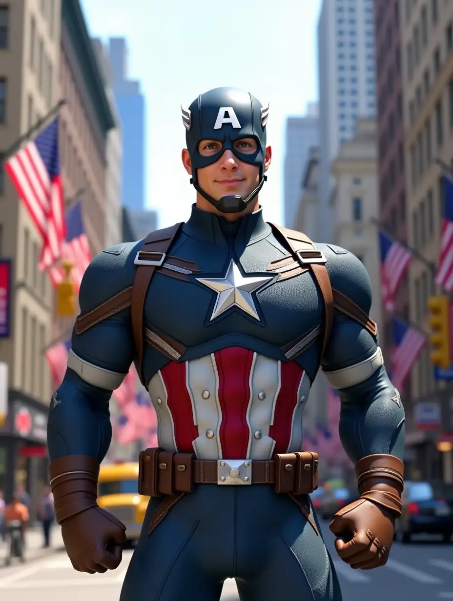 A highly detailed 3D-rendered image of Captain America standing confidently in the middle of a busy New York City street, smiling proudly. He wears his iconic blue suit with red and white stripes, a silver star on his chest, and brown leather straps. His muscular physique is well-defined, and his helmet with the 'A' symbol is securely in place. His hands rest firmly on his waist, conveying strength and charisma. The background features a lively urban environment with tall buildings, traffic, and American flags waving. Sunlight casts realistic shadows, enhancing the textures of his suit and metallic elements. The image is rendered in ultra-high 4K resolution, ensuring cinematic detail and realism.