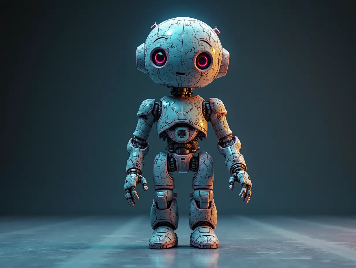 Create a high-resolution, realistic image of an artificial intelligence Fractal colored humanoid robot, on a photo studio floor with 4-k resolution.