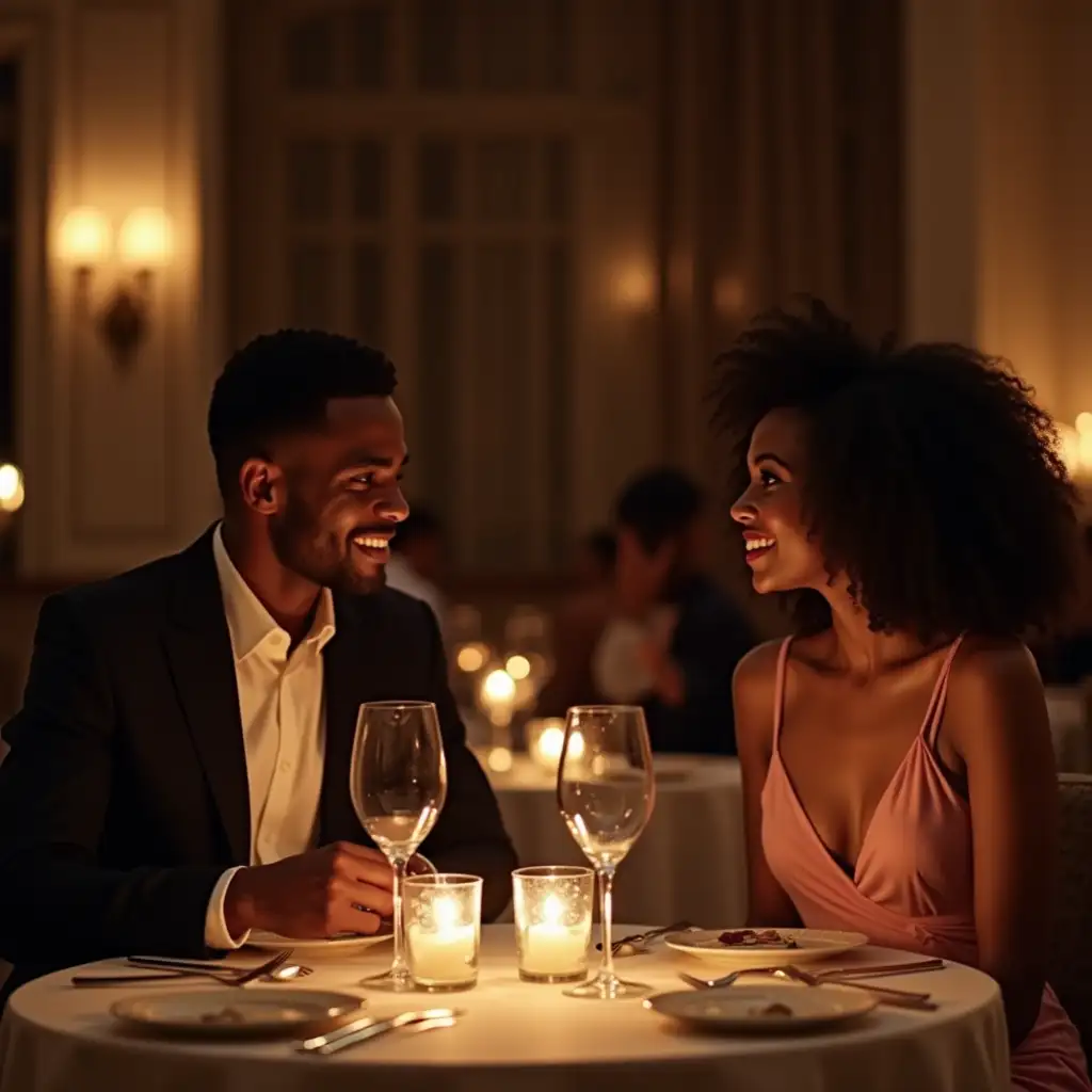 Stylish African American Couple Enjoying Dinner at Upscale Restaurant