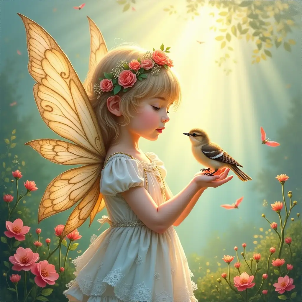 Ultra detailed mystical oil painting, a pretty enchanting little fairie with a bird sitting on her hand, heartwarming scene, bright soft pastel colors, sunbeams, filigree, landscape background