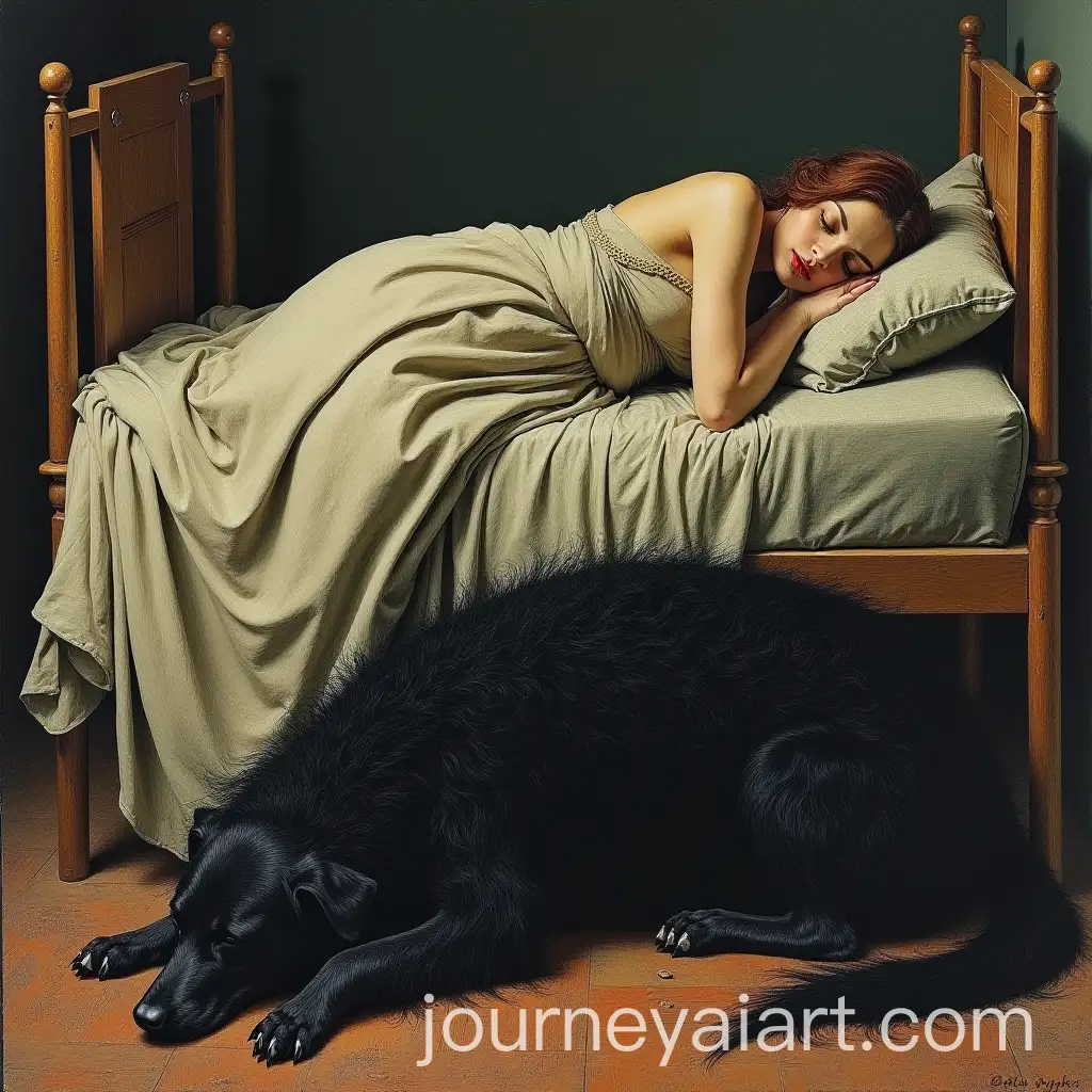 Gothic-Woman-Sleeping-in-Bed-with-Creepy-Black-Hairy-Dog-Underneath