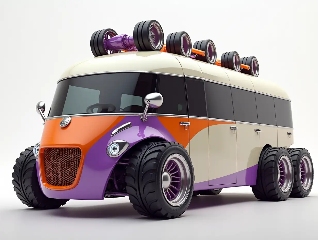 A supermodern utopian sports bus with lowered gears, large aluminum wheels on the roof, wide tires, cream, orange, purple and silver, Cyberpunk