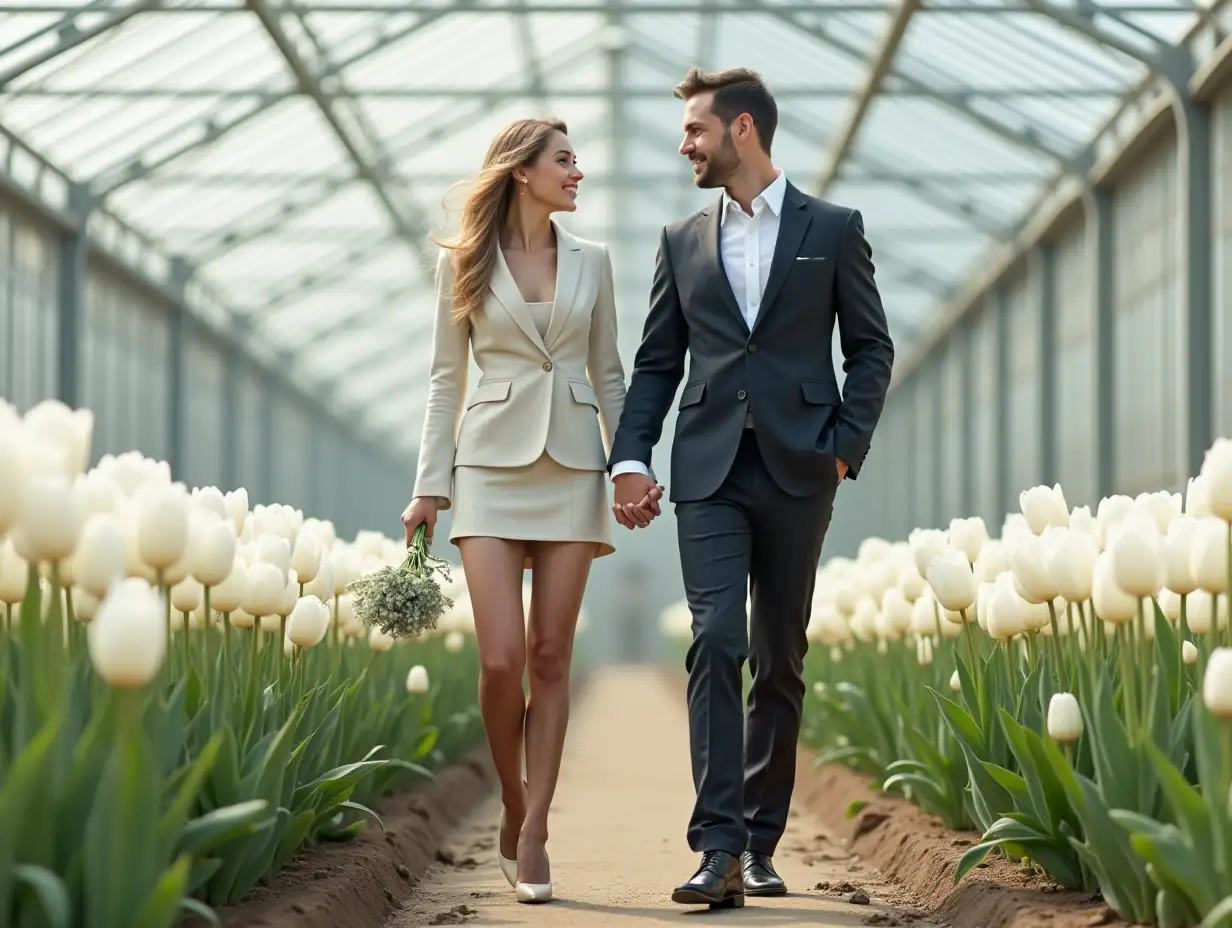 Elegant-Couple-Walking-in-Greenhouse-Surrounded-by-White-Tulips