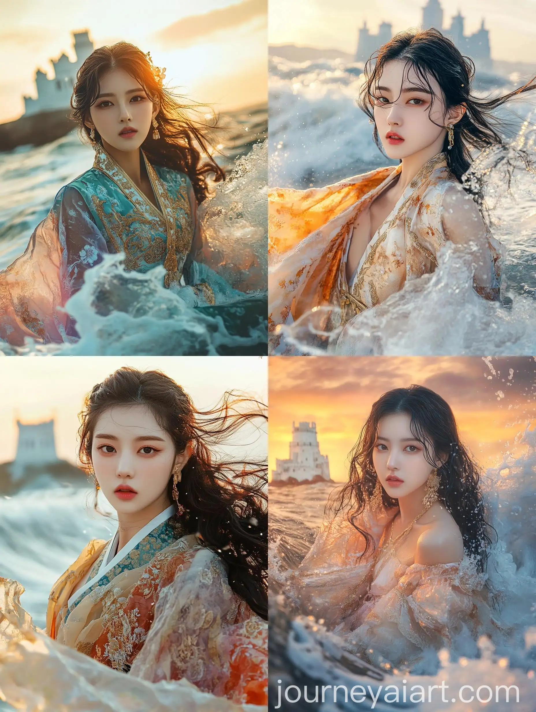 Majestic-Young-Korean-Woman-on-Dramatic-Sea-Wave-with-Fantasy-Castle