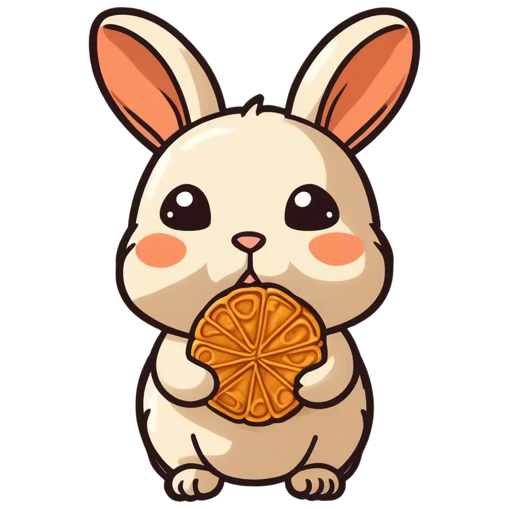 Cute rabbit headshot, holding a mooncake biting one bite, sticker form, comic style