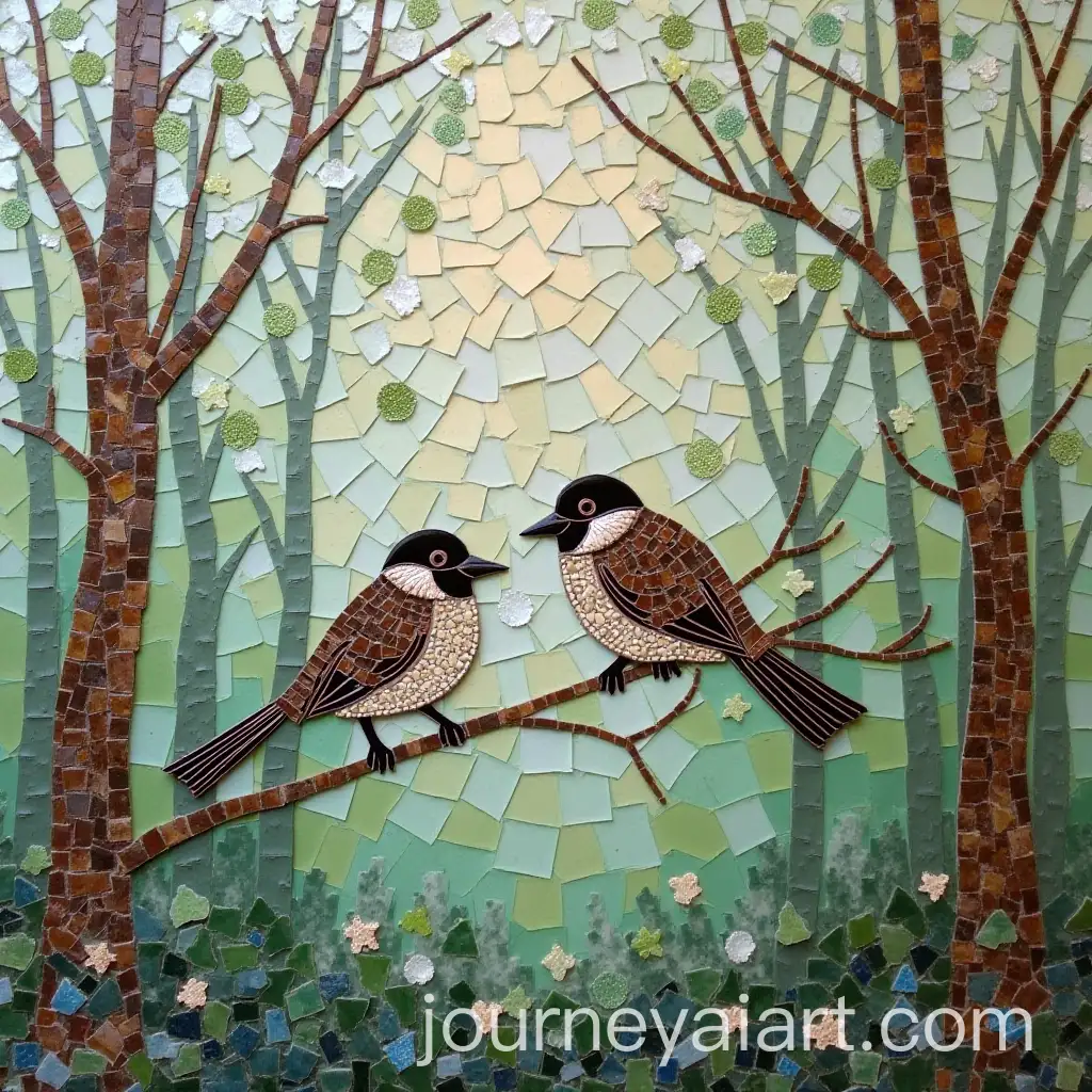 Abstract-Mosaic-Art-Birds-in-Forest-with-Sea-Glass-on-Wood-Grained-Background