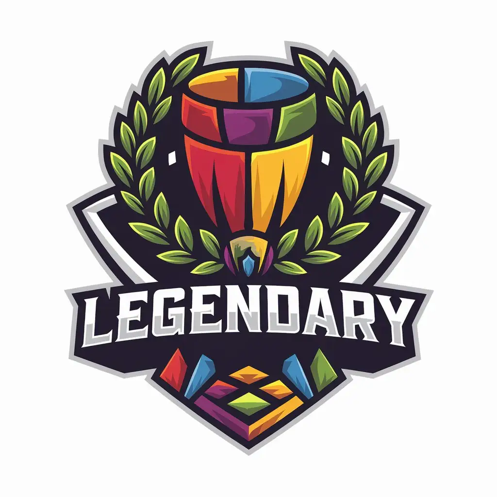 a vector logo design,with the text "LEGENDARY", main symbol:A colorful logo where a cup is drawn, with a wreath of the victor around it.,complex,clear background