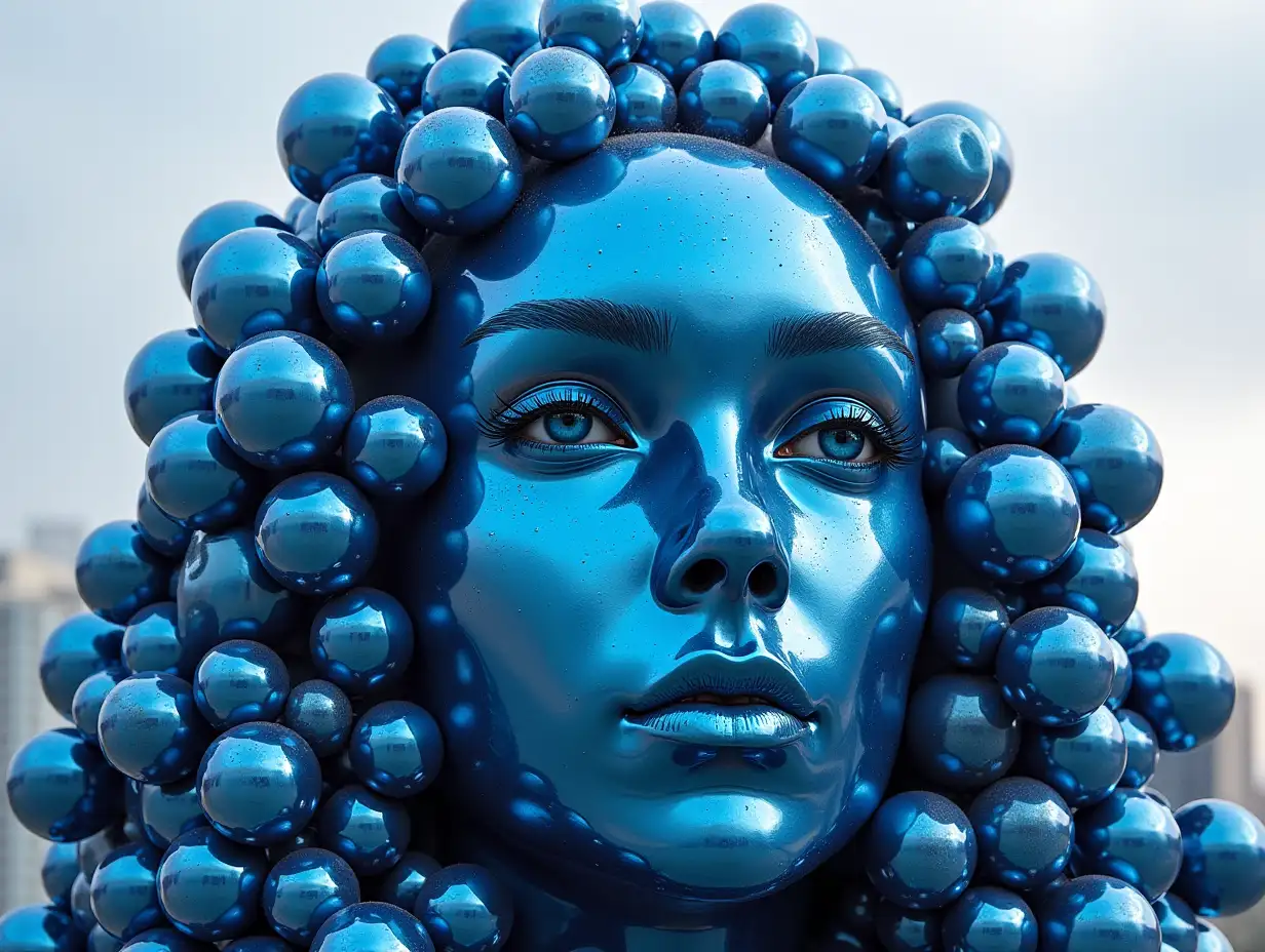 Face transformed into building with blue steel balls