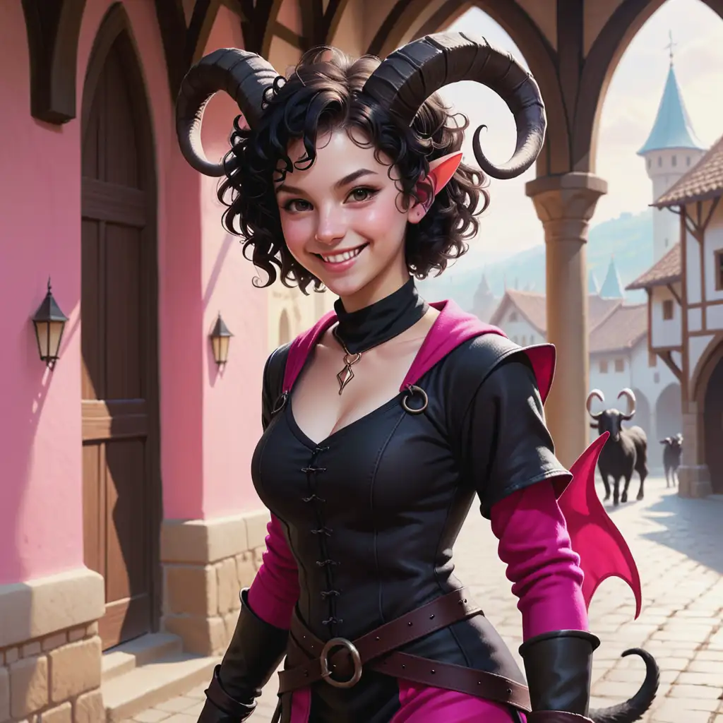 Smiling Tiefling Thief Girl with Demon Tail in Medieval Setting