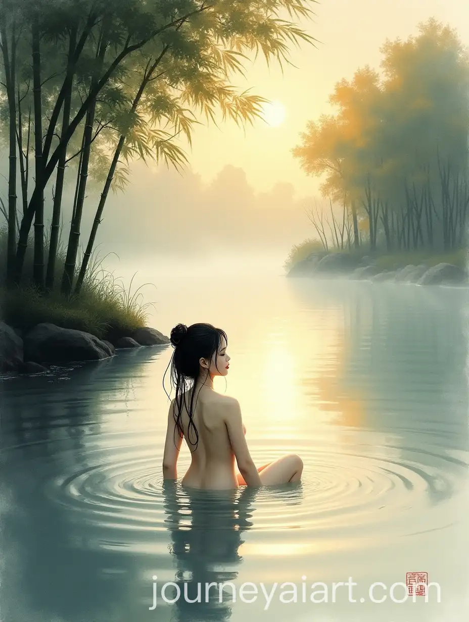 Sumie-Ink-Painting-of-Maiden-Bathing-in-a-Calm-River-at-Dawn-with-Bamboo-Groves