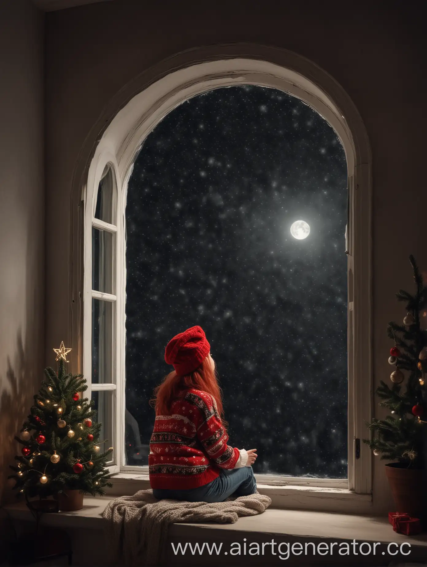 Scenario: a high arched window and a night outside the window with a starry sky and moon. In the semi-darkness of the room there is a Christmas tree decorated with garlands. A girl in a New Year's sweater, red hair and a New Year's hat is sitting on the windowsill with her back