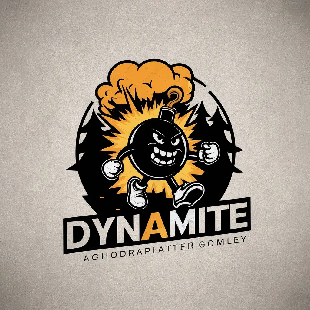 a vector logo design,with the text "Dynamite", main symbol:Angry bomb in 3d with legs and smile coming out of the forest, while explosion is happening at the backdrop,complex,be used in hiking industry,clear background,complex,be used in Entertainment industry,clear background