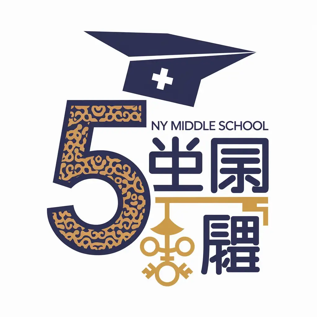 a vector logo design,with the text "5班班徽", main symbol:NY middle school 5th grade class badge, should have paper airplane shaped like a doctor's hat and gold key pattern,Moderate,be used in Education industry,clear background