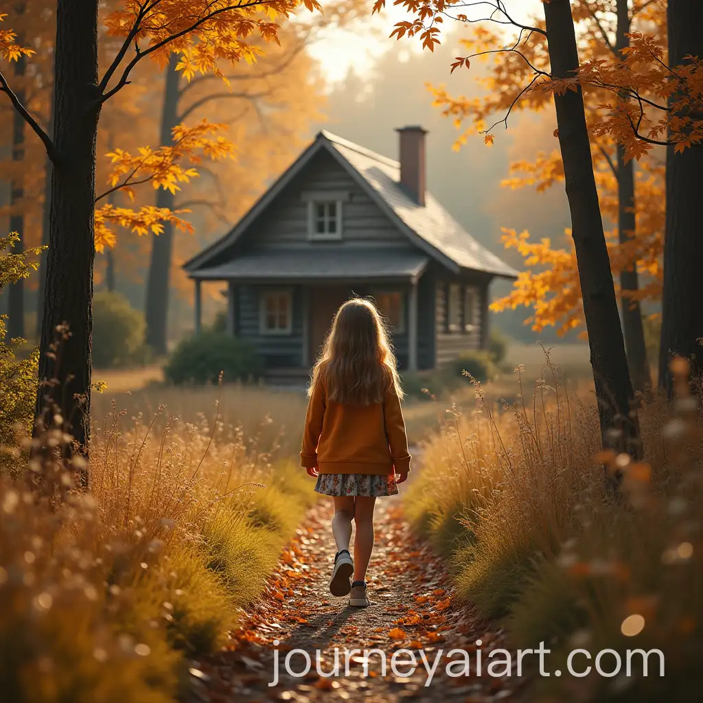Young-Woman-Walking-Through-Autumn-Forest-Towards-a-Wooden-Cabin