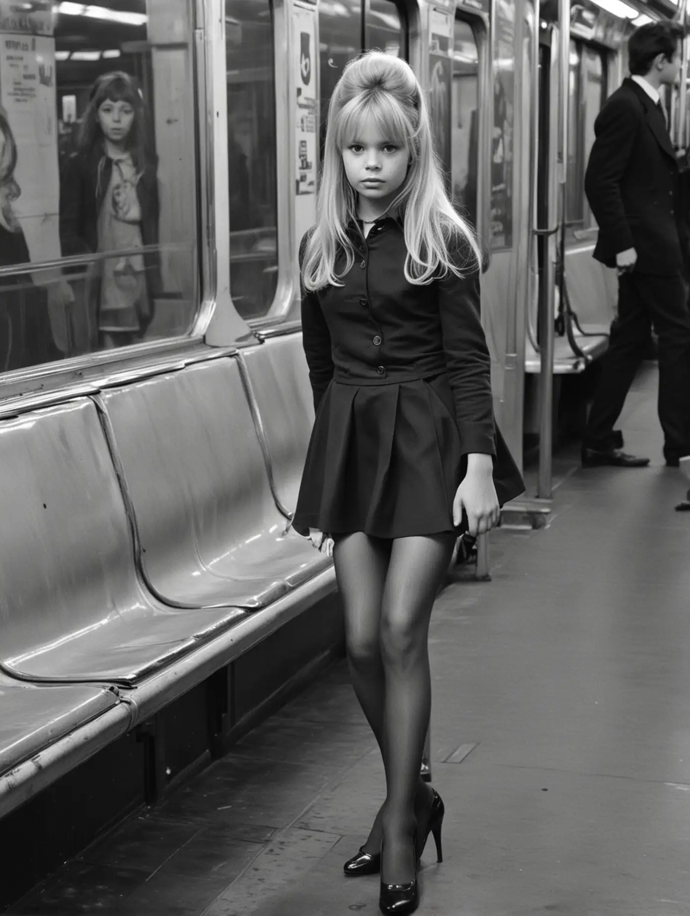 Gestalta: 8yo young kid Brigitte Bardot rides subway. pantyhose,heels.