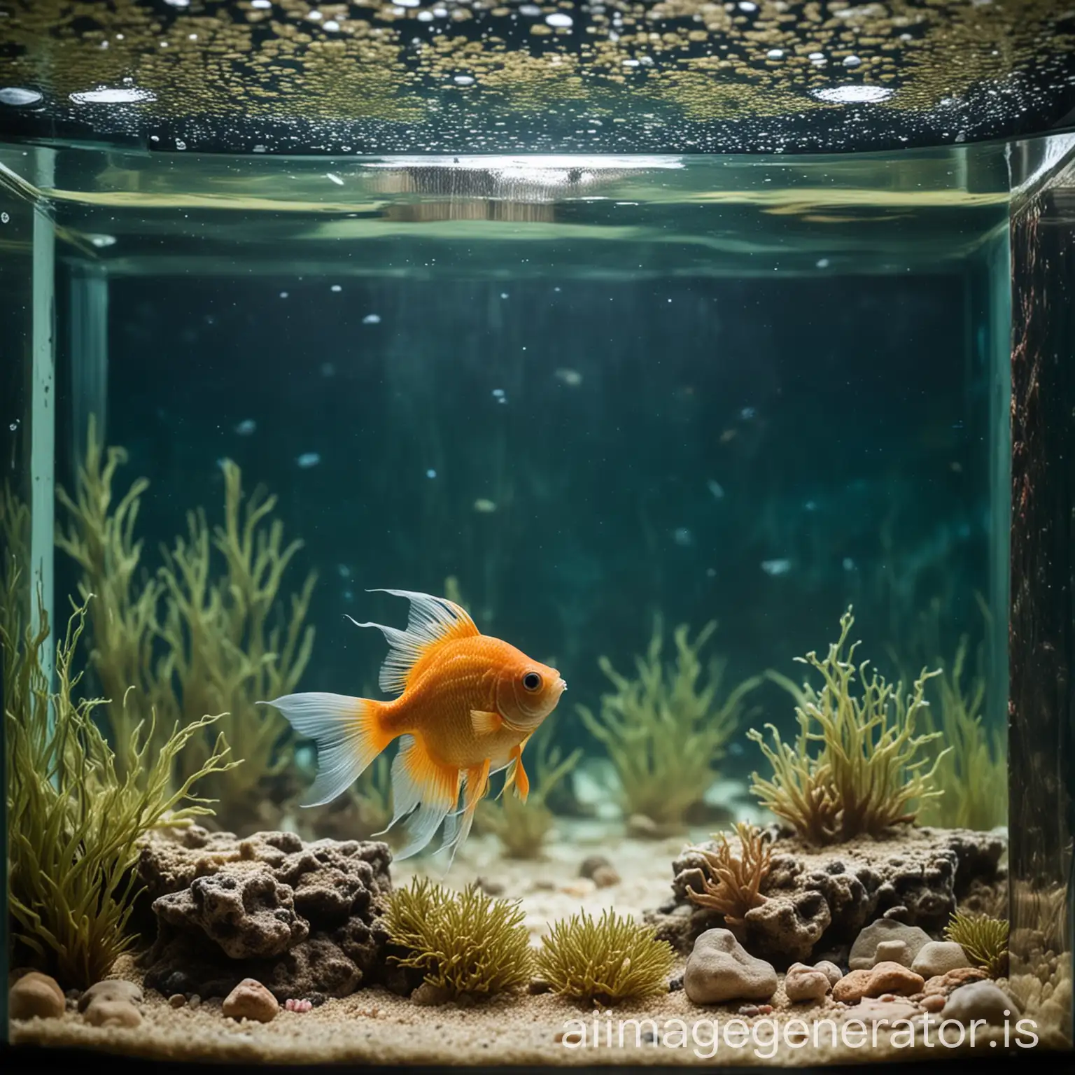 in a fish tank with one fish in the middle of the sea, the top of the fish tank leaks from the sea surface