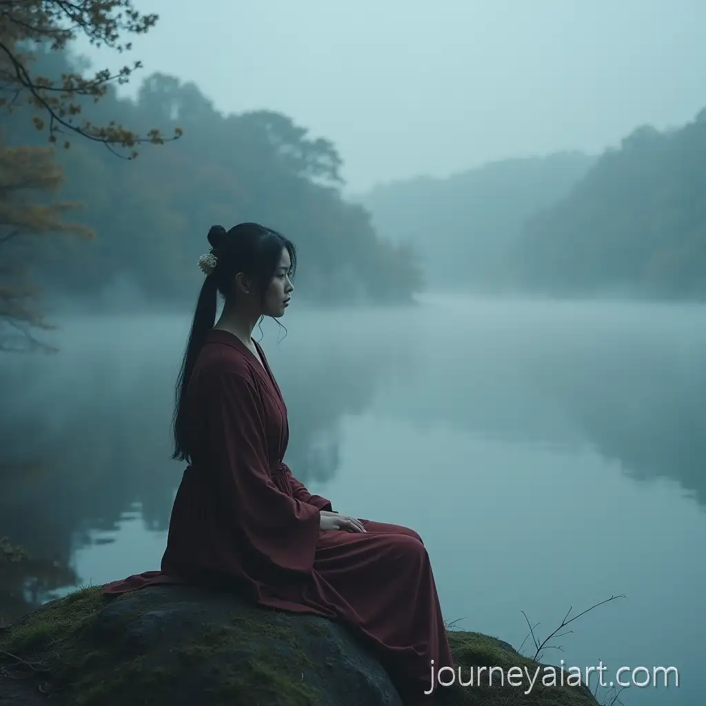 Sad-Cedar-Woman-Sitting-by-a-Misty-Japanese-Lake