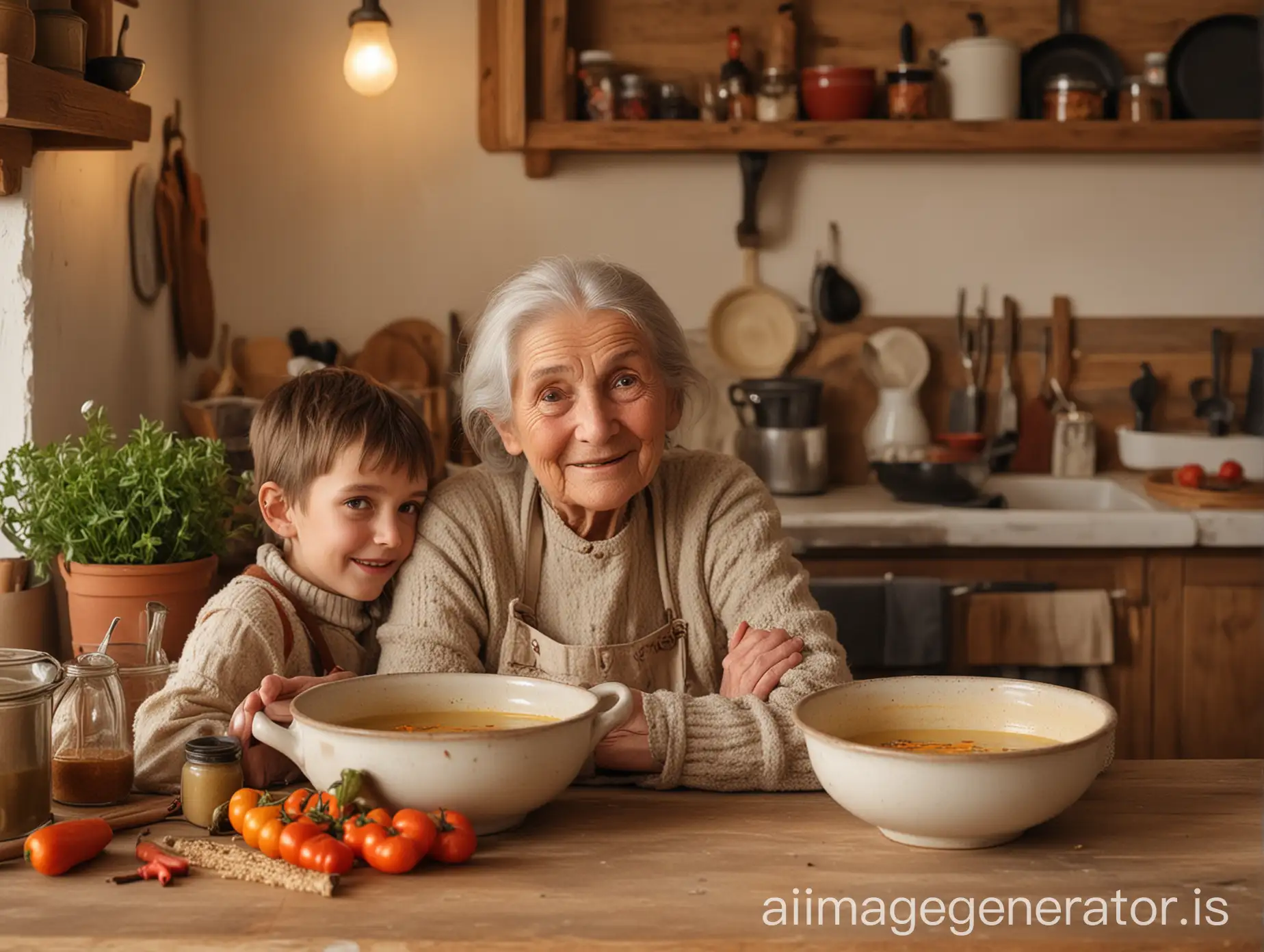 a kitchen in the farmhouse style with hot soup and spices on the countertop, an old woman with her grandson standing near the counter, both looking to the soup which placed in the counter with happy and surprised look, warm light, shallow depth of field