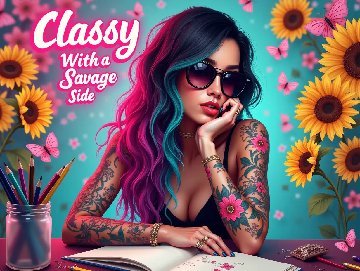 Vector illustration, Art style: Oil painting ART, Glitter. Create a vibrant, hyper-realistic portrait of a young woman with stylish, multicolored hair in shades of black, pink, and teal cascading to one side. She wears chic black sunglasses and an outfit that highlights her colorful floral tattooed arm. The text 'Classy With a Savage Side' should be written in bold, colorful letters, with a neon effect. The background features a lively mix of sunflowers, pink flowers, and delicate butterflies, enhancing the refreshing atmosphere. Include artistic elements like colored pencils and a glass jar on a table, suggesting a creative workspace.