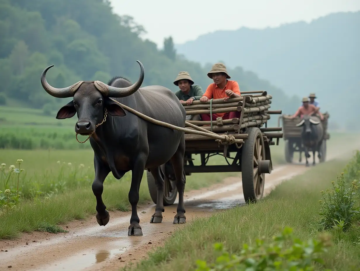 Water buffalo pulls a loaded cart through a traditional Chinese landscape