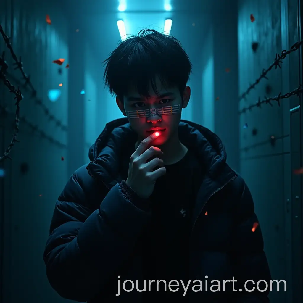 CyberpunkInspired-Young-Man-in-Dark-Hallway-with-Broken-Glass-and-Barbed-Wire