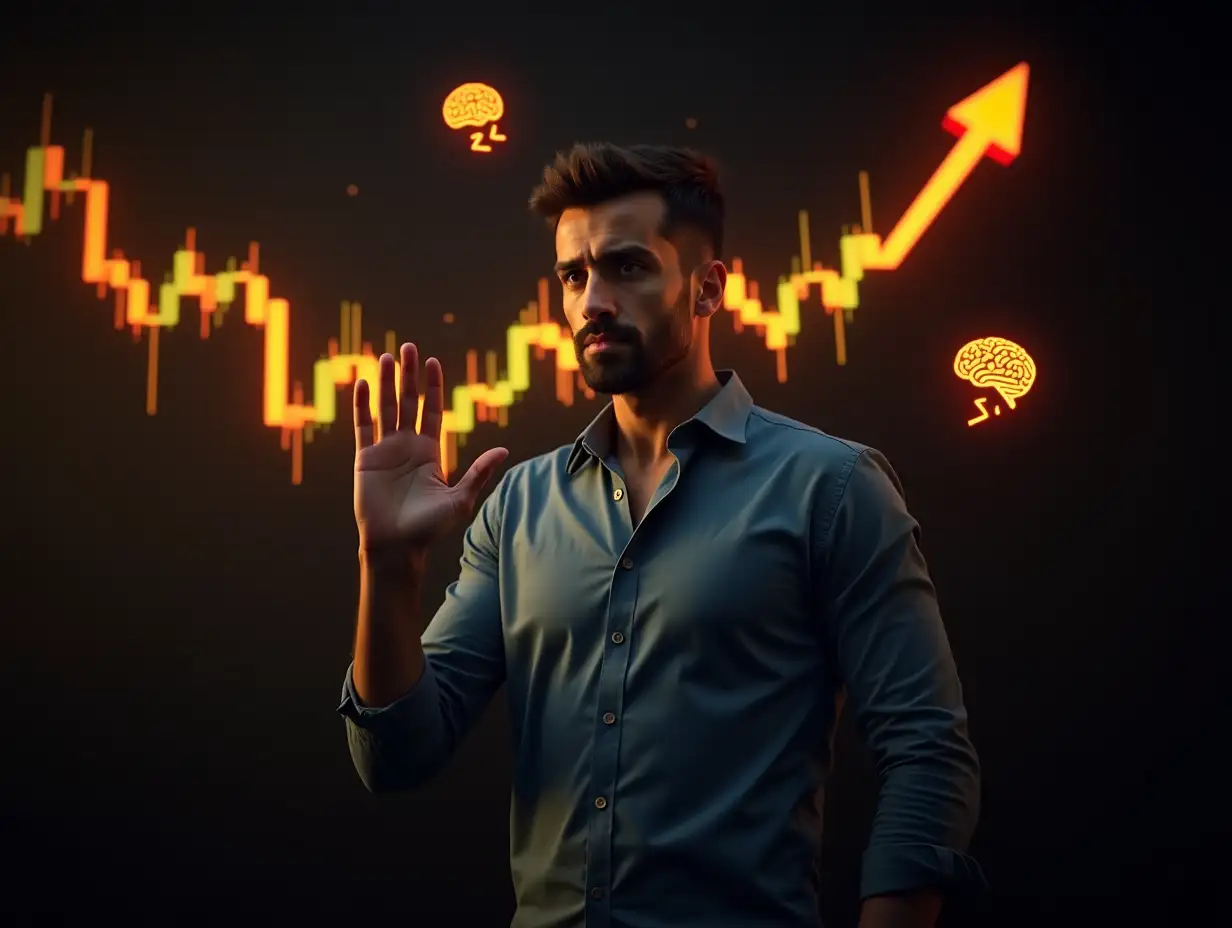 A confident male stock trader standing in front of a glowing candlestick chart, one hand raised to signal 'stop losses,' intense expression, wearing business casual, surrounded by floating icons of money, brain, and a red downward trend arrow being broken in half — dramatic lighting, cinematic style, dark background with golden highlights, sharp focus, motivational vibe, bold and powerful thumbnail composition
