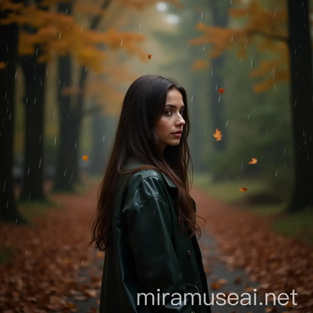 Woman Enjoying Rain in Autumn Forest with Falling Leaves