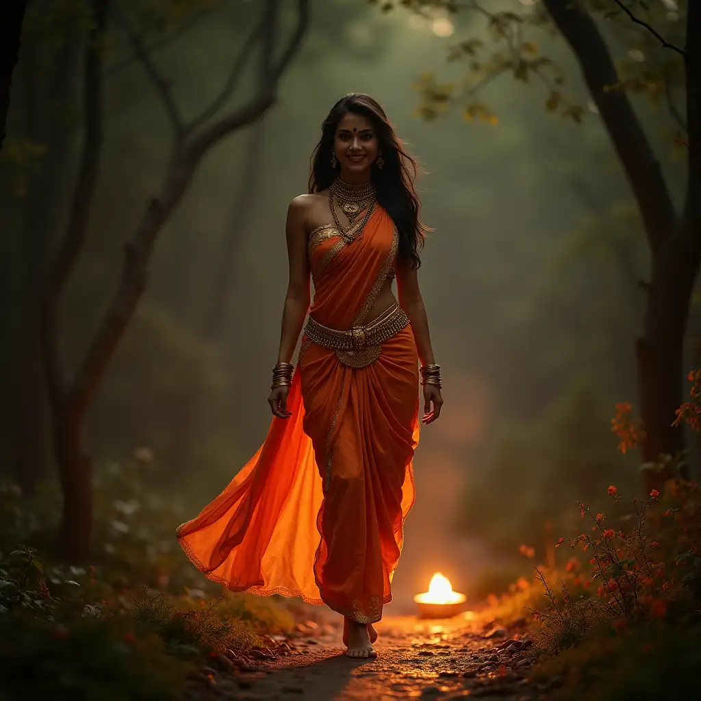 Yakshini-Walking-Gracefully-Towards-Vardhan-with-Glowing-Footprints-in-a-Forest-at-Night