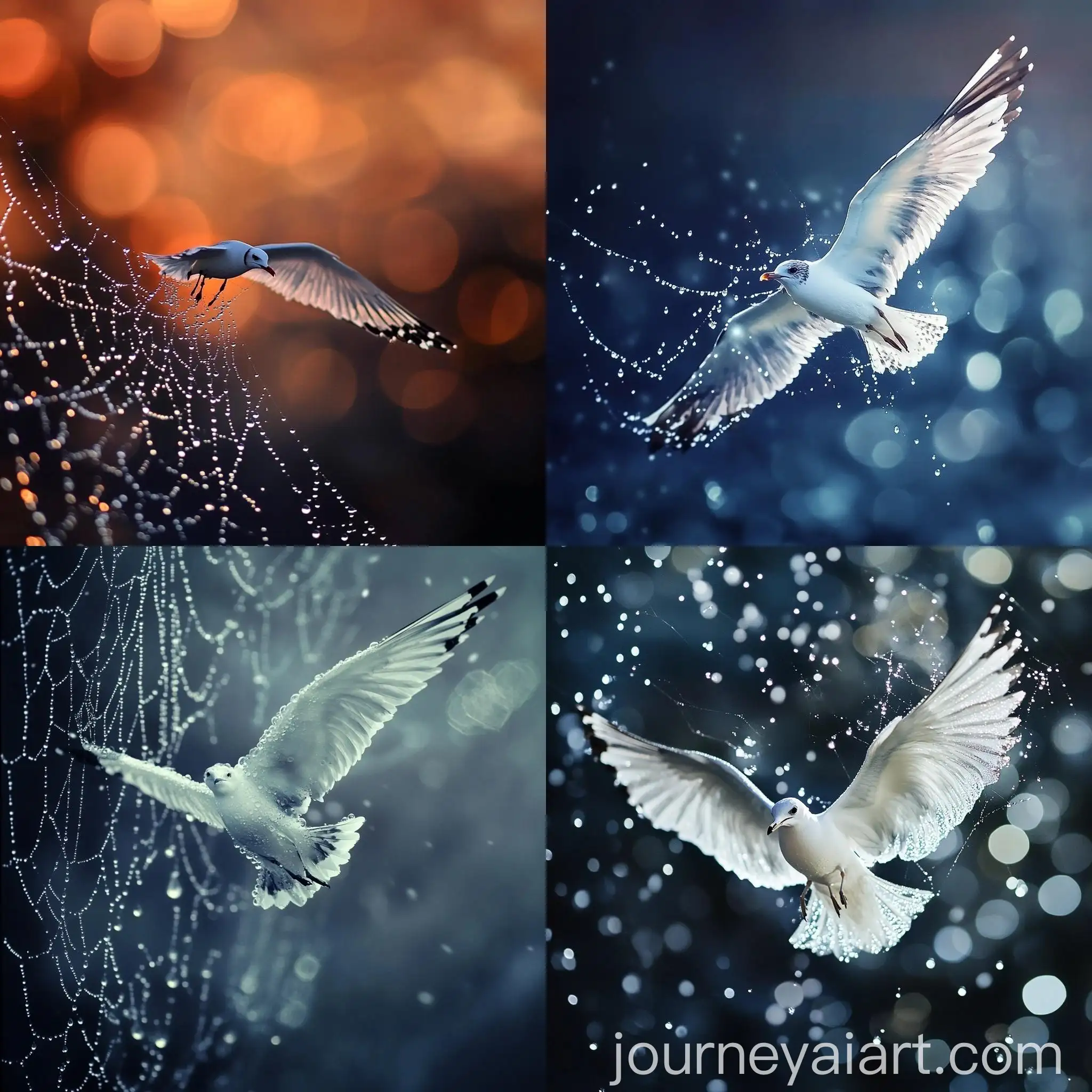 Elegant-Spider-Web-with-Diamondlike-Dew-Drops-and-Majestic-Seagull-in-Flight