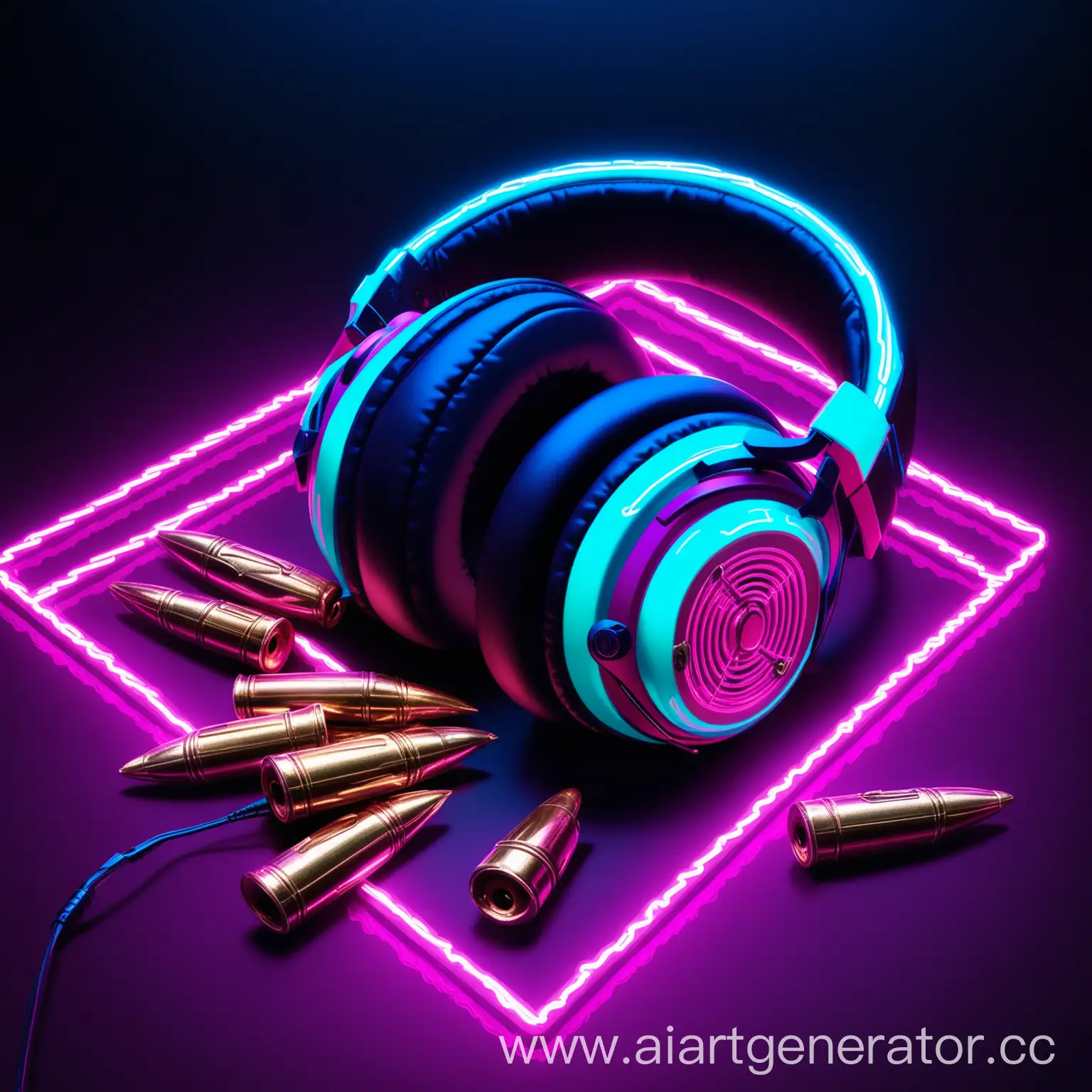 A bullet in musical headphones in neon light