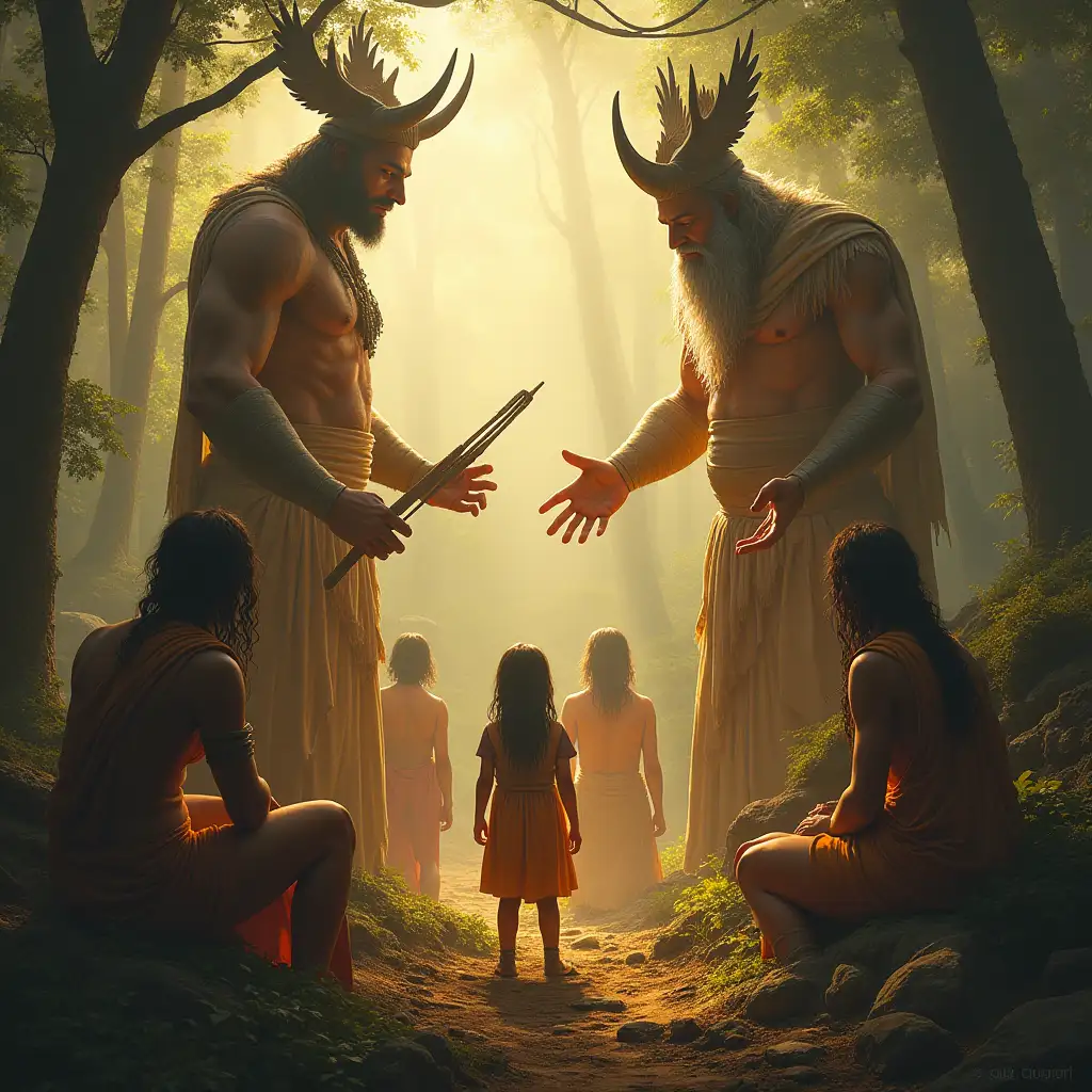 A symbolic scene of giant supernatural warrior beings teaching weaving and carving to early humans. Beings radiate light, while humans watch in awe. In the background, mist rises as the elder beings retreat into forests and hills.