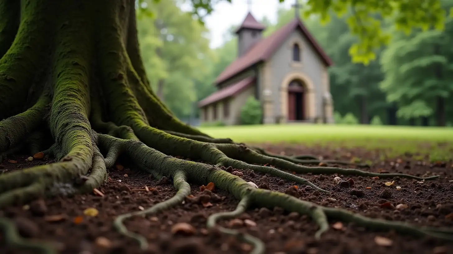 a close up view of the deep roots of a tree intertwining in rich soil. and in the blurry background an old stone church with a cross on the roof