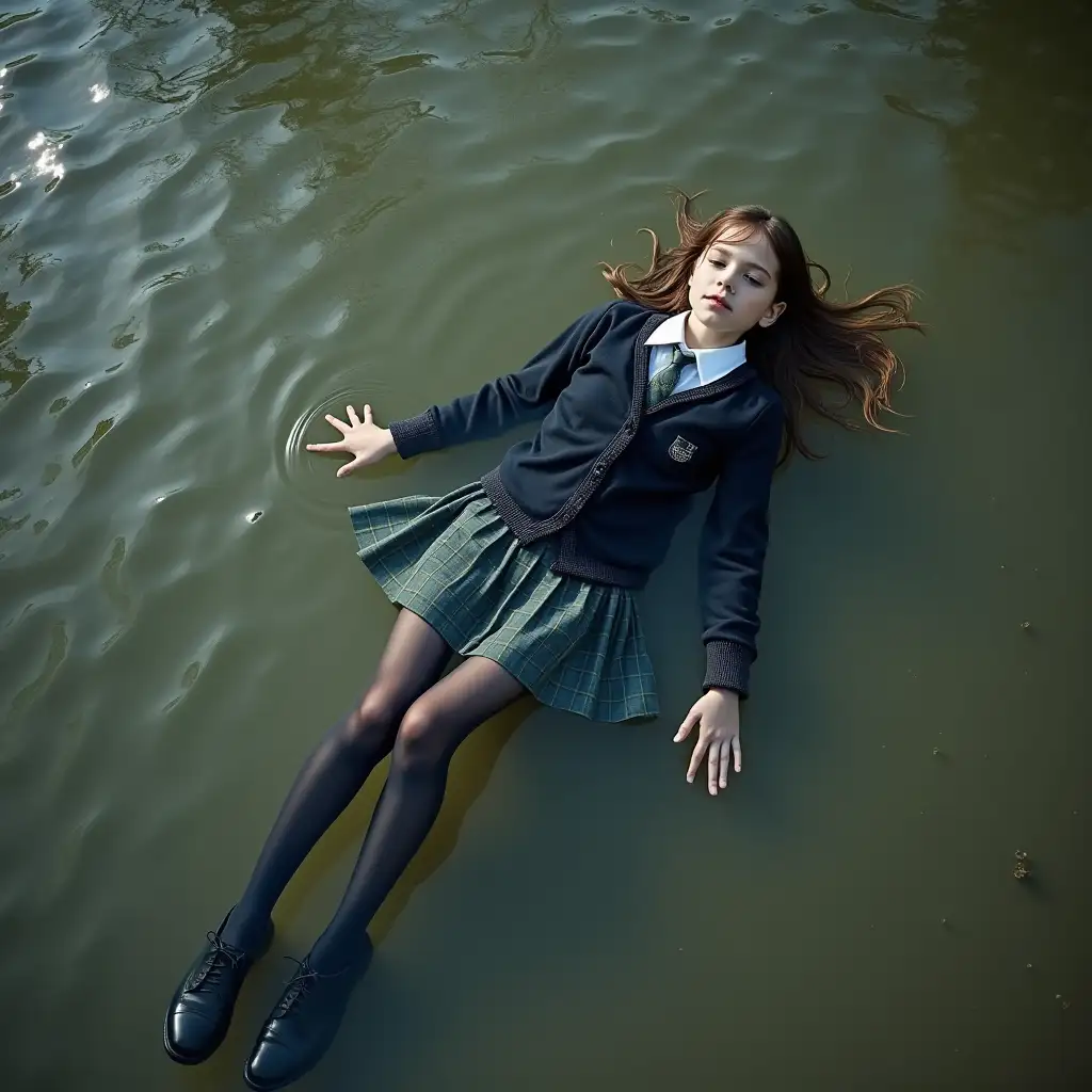 A young schoolgirl in a school uniform, in a skirt, jacket, blouse, dark tights, high-heeled shoes. She is swimming in a dirty pond, lying underwater, all her clothes are completely wet, wet clothes stick to her body, the whole body is underwater, submerged in water, under the surface of the water, below the water's edge.