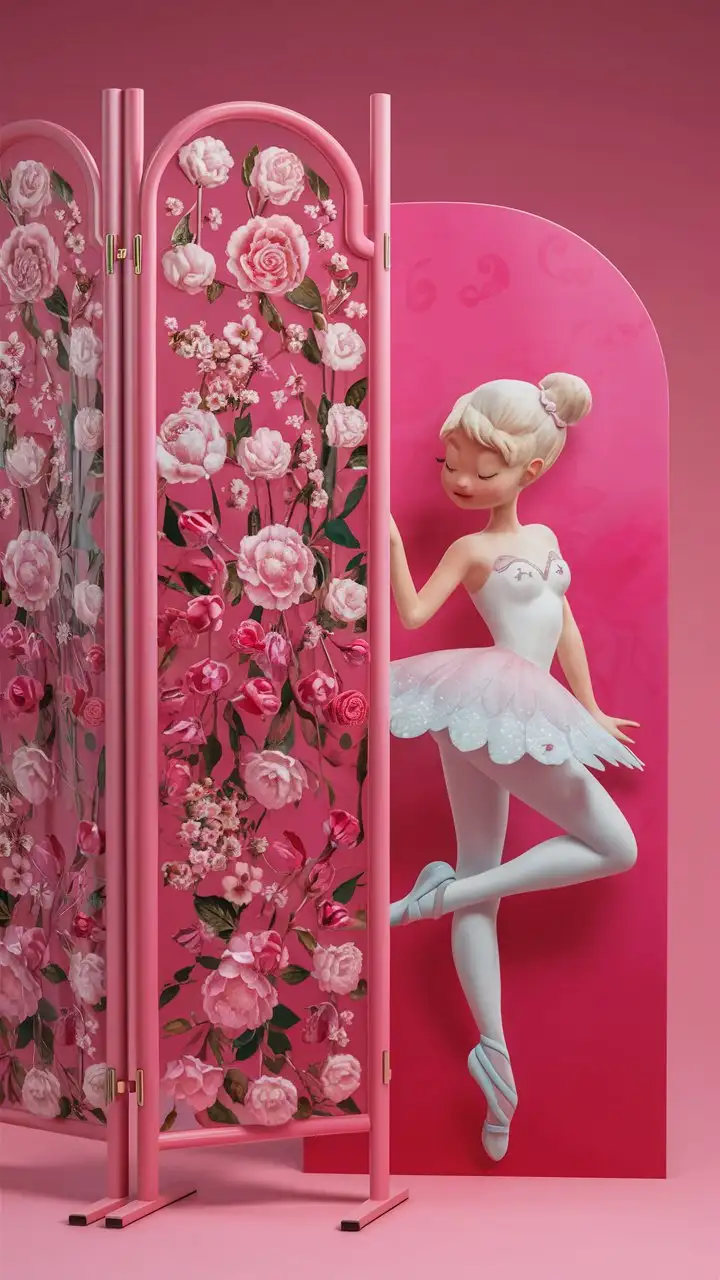 a pink privacy screen to get dressed behind. it has two panels, the first panel has a girly pink flowery design painted on it. the second panel has a girly pink sugarplum fairy ballerina with white tights design painted on it. the ballerina is standing in a cute pose, waving flirtatiously. the privacy screen is set against a girly vibrant ballet pink background.