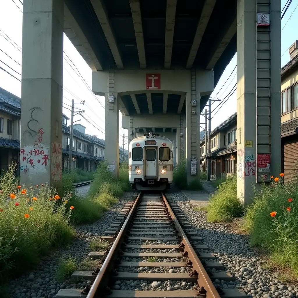 A front view photo of an onrushing train under a low highway bridge in a dystopian old Japanese cobbled footpath. Thistles, poppies, marigolds and various other weeds grow beside thick pillars with metal maintenance ladders. Half-shuttered shops, lived-in junk and peace-wishing graffiti. Faint sunlight on a beautiful afternoon. Kyoto's traditional Japanese architecture. Hyper-realistic, intricate, elaborate, urban photography, 8K, UHD, HDR.