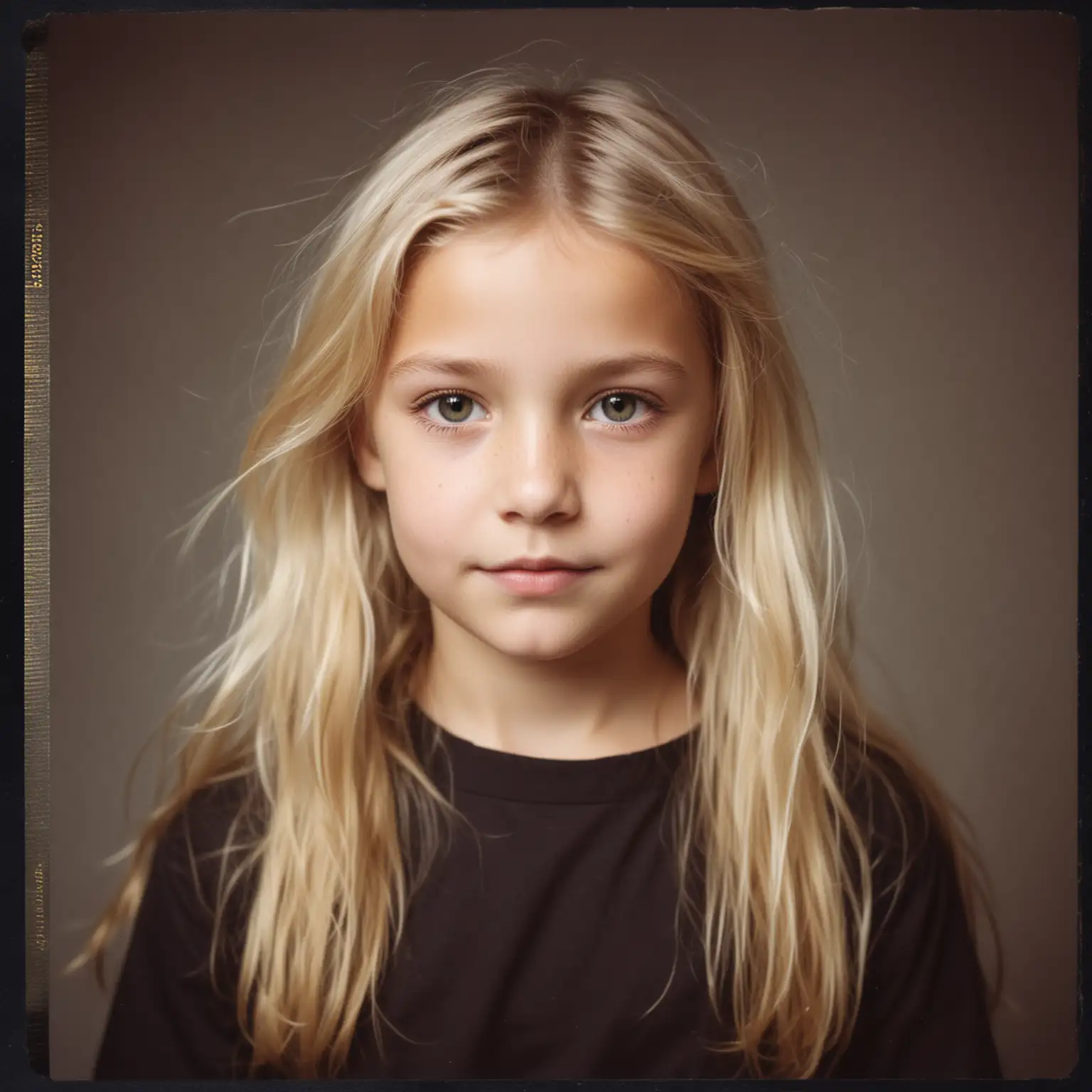 Portrait of an 8YearOld Girl with Wavy Blonde Hair and Polaroid Camera