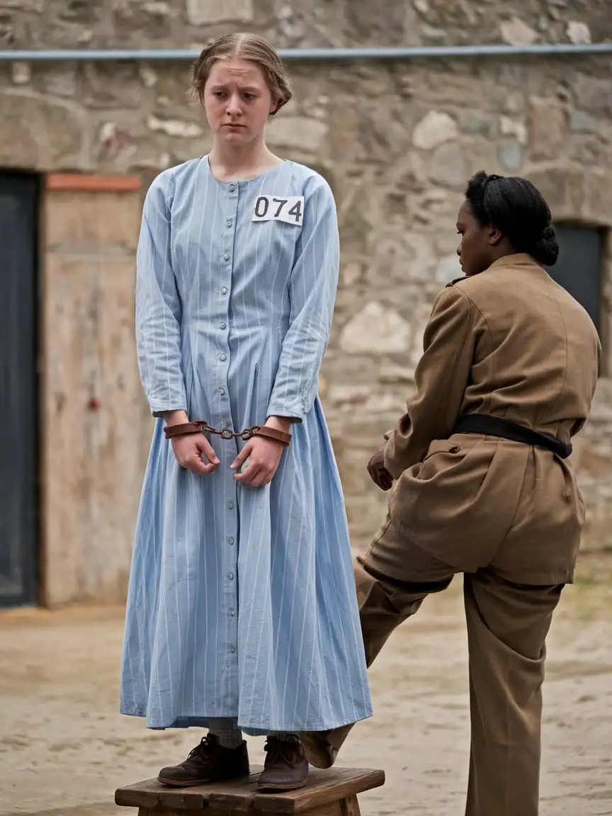 Prisoner Woman in 1800s Texas Prisonyard with AfroAmerican Prisonguard