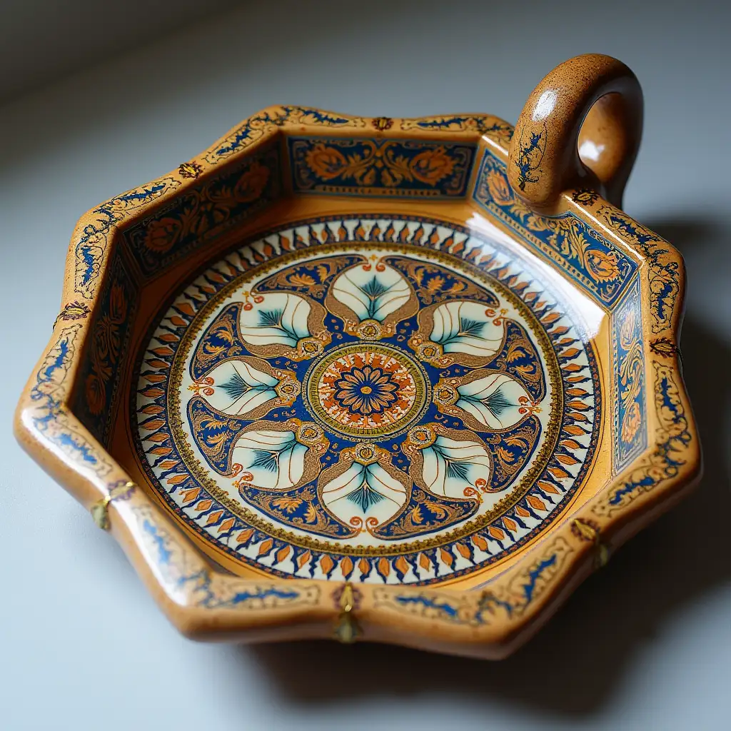 Octagonal with rounded corners ceramic serving dish with embossed beautiful handle, Fine art, Hyper detailed, Antique and old, Qajar art, Iranian Tabriz carpet design