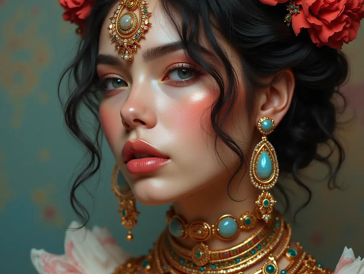 A hyperrealistic portrait of a beautiful woman wearing intricately detailed, colorful and futuristic jewelry.