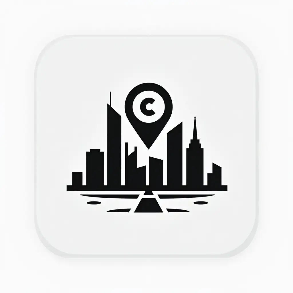 Minimalist black logo for an AR city map application. The design should feature a sleek, modern icon representing a cityscape with a subtle augmented reality (AR) element, such as a location pin or a stylized digital overlay. The lines should be clean and sharp, with a geometric and futuristic aesthetic. No gradients, only solid black on a transparent or white background. Simple yet recognizable, suitable for an app icon or branding