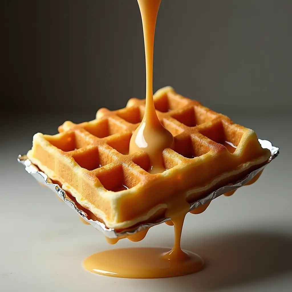 The Belgian waffle is fried, square floating in the air, turned to the viewer by 45 degrees, so that one front face and the side, the side face is slightly covered with foil are visible. A steel-colored jet pours on top of the waffle and spreads over the waffle and flows down